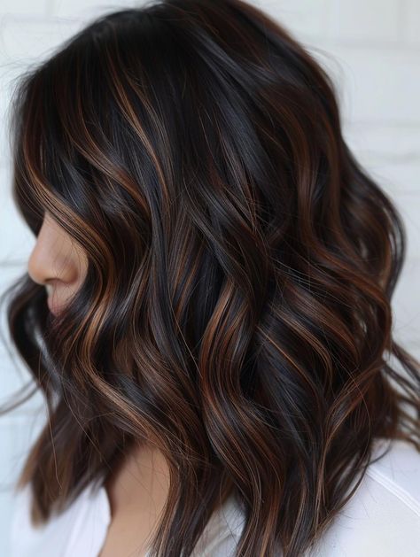 Fun & Unique Hair Color Ideas for Brunettes: Curly, Blonde, Dark & More Unique Fall Hair Color For Brunettes, Dark Brown Peekaboo Highlights, Dark Hair Winter Brunettes, Mom Hair Color Ideas Dark, Haircut And Color Ideas For Dark Hair, Winter Highlights For Black Hair, Fine Highlights On Dark Hair, Dark Hair With Pops Of Color, Brunette Peekaboo Color