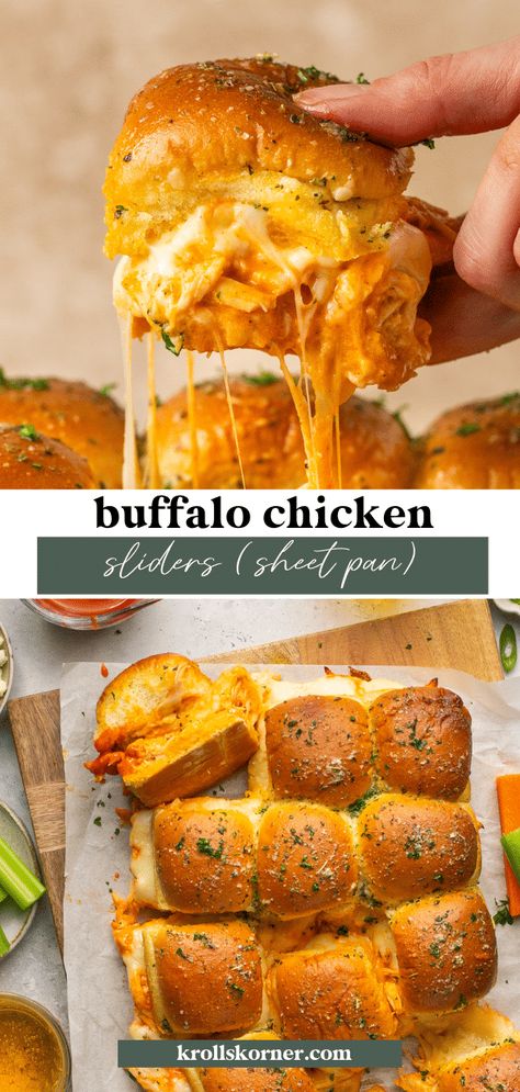 Sheet Pan Buffalo Chicken Sliders • Kroll's Korner Beer Cheese Chicken Pretzel Sliders, Buffalo Chicken Croissant Rolls, Buffalo Chicken Pretzel Sliders, Buff Chicken Sliders, Lunch Tailgate Food, Finger Foods With Chicken, Dinner Ideas Sliders, Fun Chicken Dinner Ideas, Good Potluck Dishes