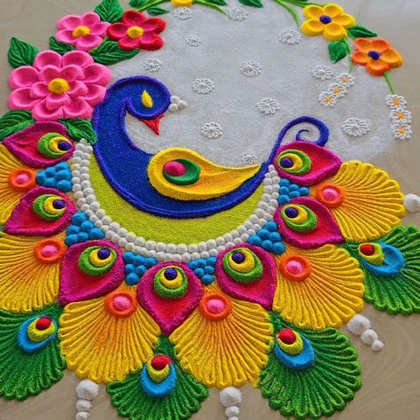 Super Satisfying Peacock Rangoli Designs | Rangoli by Jyoti Rathod | Simple and easy way to draw peacock rangoli ! | By Rangoli by jyoti rathod | Facebook Peacock Rangoli Design Simple, Picoc Rangoli, Peacock Rangoli Designs Latest, Pecok Design Rangoli Simple, Rangoli Designs With Peacock, Rangoli Big Designs Diwali, Rangoli Designs Of Peacock, Diwali Rangoli Easy Designs, Rangoli 2024 Designs