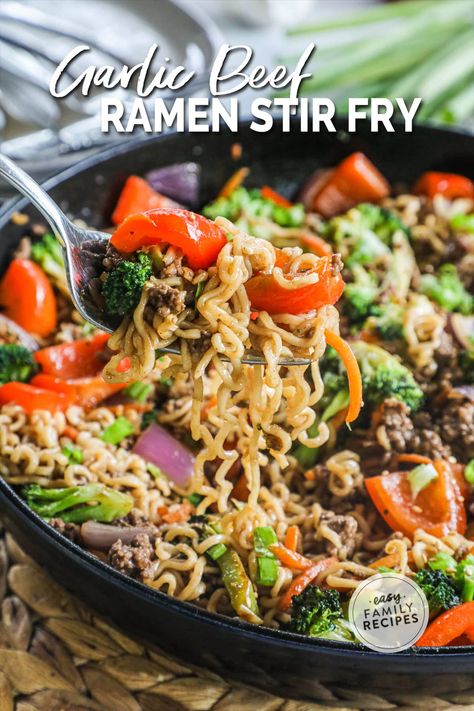 This ground beef ramen noodle stir fry is delicious and SO EASY to make! My family loves this super flavorful ground beef stir fry and I love a 30 minute recipe that’s also a complete meal! Ground beef, instant ramen noodles, fresh or frozen vegetables, and an EASY stir fry sauce come together for a one pan meal that always tastes so yummy. It’s the perfect busy weeknight dinner recipe that you can adjust with your family's favorite vegetables, optional garnishes, or even a splash of sriracha. Beef Ramen Stir Fry, Ground Beef Ramen, Easy Stir Fry Sauce, Ramen Noodle Stir Fry, Ground Beef Stir Fry, Biscuit Chicken Pot Pie, Stir Fry Sauce Easy, Asian Steak Bites, Homemade Stir Fry Sauce