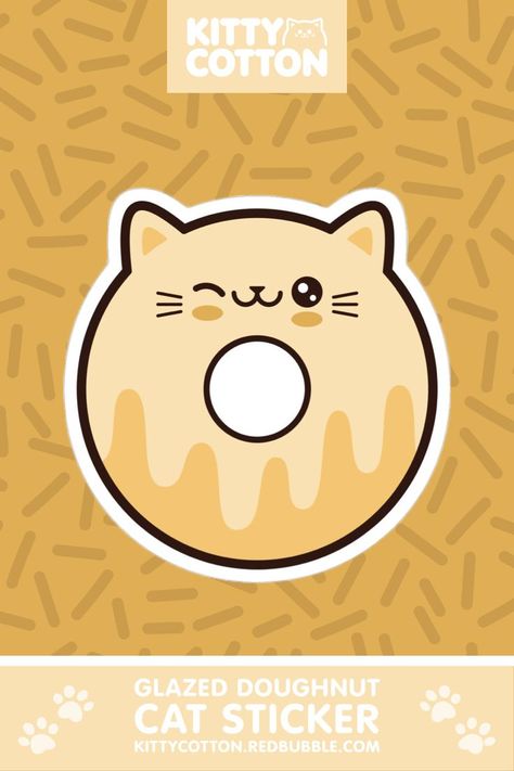 A glazed cream doughnut cat sticker who is winking with one eye and covered in vanilla icing. Created by Kitty Cotton. Cat Donut Drawing, Sewing Business Logo, Donut Tattoo, Donut Drawing, Donut Logo, Glazed Doughnut, Donut Cat, Glazed Doughnuts, Black Cat Sticker