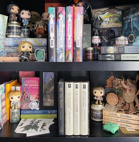 Lord Of The Rings Shelf, Lord Of The Rings Collectibles, Lord Of The Rings Bookshelf, Lord Of The Rings Room, Nerdy Room, Lord Of The Rings Decor, Lord Of The Rings Collection, Lord Of The Rings Book, Hobbit Aesthetic