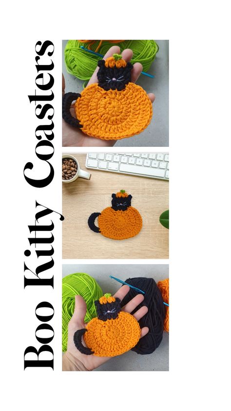 Black cat in an orange crochet pumpkin coaster Spooky Crochet Coasters, Crochet Cat Mug Rug, Crochet Fall Craft Fair Ideas, Crochet Halloween Table Runner Free Pattern, Halloween Cat Crochet, Halloween Crochet Squares, Fall Crochet Coasters, Halloween Crochet Coasters, Crochet Halloween Coasters