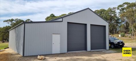 We're a big fan of this one! 8W x 12L x 4H (eave) plus a generous 4m x 12m lean-to. #COLORBOND Shale Grey™ on the walls and Basalt® on the roof, roller doors, flashings and gutters. Some nice extras on this one 👉 motorised roller doors, skylights, roof insulation and plastic vermin proof, completed by our Central Coast team. Colorbond Roof Colours, Jasper Colorbond Roof, Southerly Colorbond Roof, Colorbond Shale Grey, Colorbond Roof Basalt, Cottage House Exterior, Shale Grey, Farm Shed, Roof Insulation