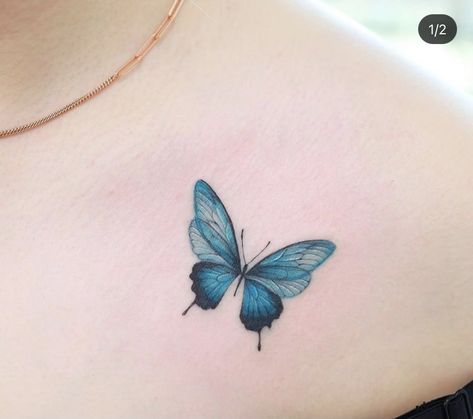 Pretty Neck Tattoos Women Butterfly, Blue Watercolor Butterfly Tattoo, Butterfly Shading, Watercolor Butterfly Tattoo, Botanical Tattoos, Indian Feather Tattoos, Blue Butterfly Tattoo, Unique Butterfly Tattoos, Lion Tattoo Sleeves