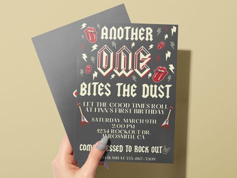 Rock And Roll First Birthday Invitations, Rock N One Birthday, One Rocks Invitation, 40th Birthday Rock Theme, Rock And Roll Themed First Birthday, One Rocks First Birthday Invitations, Wild One Rock Birthday, Rock And Roll 60th Birthday Party, Rocking One Birthday Theme