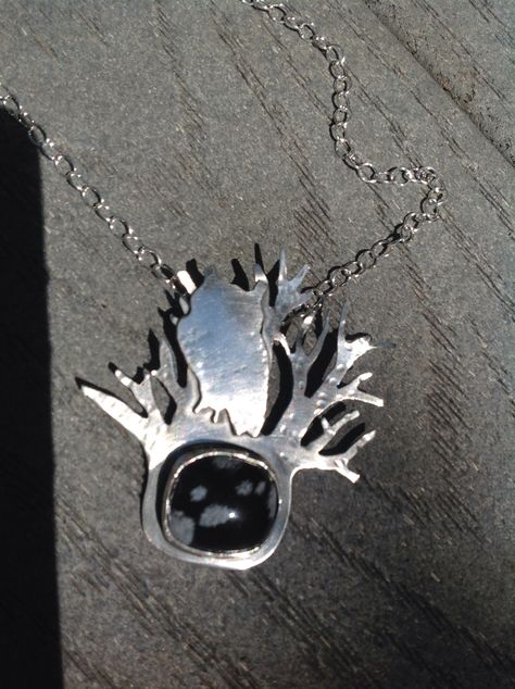 Sterling owl and snowflake obsidian pendant. Snowflake Obsidian, Metal Working, Metallic Silver, Silver Necklace, Chain Necklace, Turquoise, Chain, Pendant, Silver