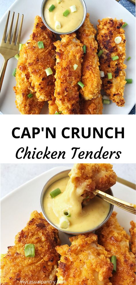 Captain Crunch Chicken Tenders, Cereal Chicken Tenders, Cereal For Dinner, Cereal Chicken, Captain Crunch Chicken, Fried Chicken Tenders Recipe, Crunchy Chicken Tenders, Cornflake Chicken, Chicken Finger