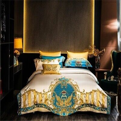 Gold Blue Embroidery Satin Comforter Cover 4/6/10Pcs Bedding set Quilted Cotton  | eBay Pillow Sizes Chart, Royal Bed, Embroidered Duvet Cover, Egyptian Cotton Duvet Cover, Egyptian Cotton Bedding, Cama King, King Size Duvet, Saree Design, Cotton Bedsheets