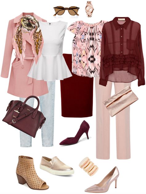 I like blush, but not at all next to my face. Burgandy feels dated to me but I think it's coming back and I'd give it a shot! Work Clothes, Blush Outfit, Complete Outfits, Burgundy Bag, Work Wardrobe, Burgundy Outfit, Deep Autumn, Vegas Trip, Teacher Outfits