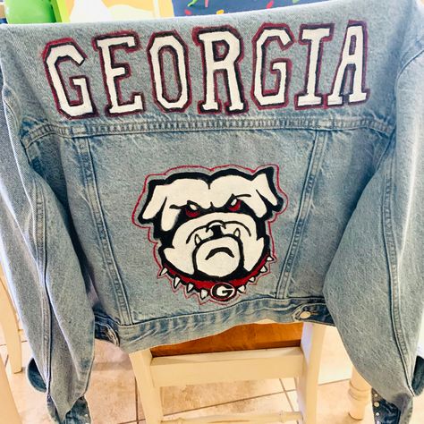 Bulldog Football, Boyfriend Jean Jacket, College Gameday Outfits, Gameday Outfits, Georgia Bulldogs Football, Georgia Bulldog, Diy Denim Jacket, College Gameday, Georgia Football