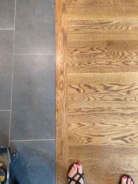 Hardwood Floor Transition To Tile, Tile To Timber Floor Transition, Mudroom Tile To Hardwood Transition, Tile Floor To Wood Floor Transition, Tile Wood Transition Kitchen, Wood Floor To Tile Transition Kitchens, White Oak Floor Transition To Tile, Time To Wood Transition, Foyer Tile To Hardwood Transition