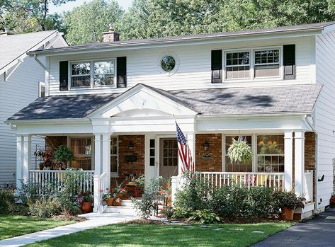 Colonial Exterior Makeover, Colonial Home Exteriors, Colonial Front Porch, Dutch Colonial Exterior, Colonial Porch, Small Colonial, Front Porch Remodel, Front Porch Addition, Dutch Colonial Homes