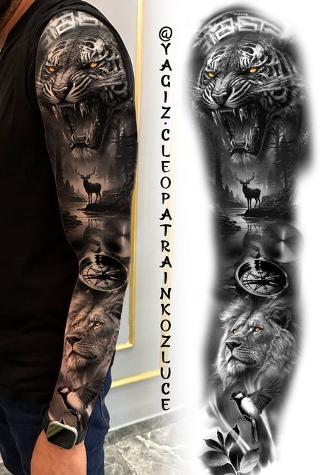 Tiger Full Sleeve Tattoo Design, Arm Cover Up Tattoos, Lion Forearm Tattoos, Dog Portrait Tattoo, Lion Crown, Arte Viking, Unique Tattoos For Men, Bear Tattoo Designs, Animal Sleeve Tattoo