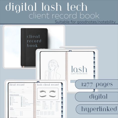 DIGITAL EYELASH Tech Client Record book - Earth blue tone - perfect for use with GoodNotes or Notability. Keep track of your clients' information in style with this sleek and modern digital record book. 

Eyelash extension Lash Tech DIGITAL client record book - the perfect solution for lash technicians worldwide to easily manage and organise personal, medical, and lash information for all their clients.

Use this versatile PDF on any device with an annotation app that supports PDF files Client Record Book, Eyelash Tech, Lash Tech, Blue Tone, Personal Organizer, For Lash, Medical Information, Digital Book, Eyelash Extension