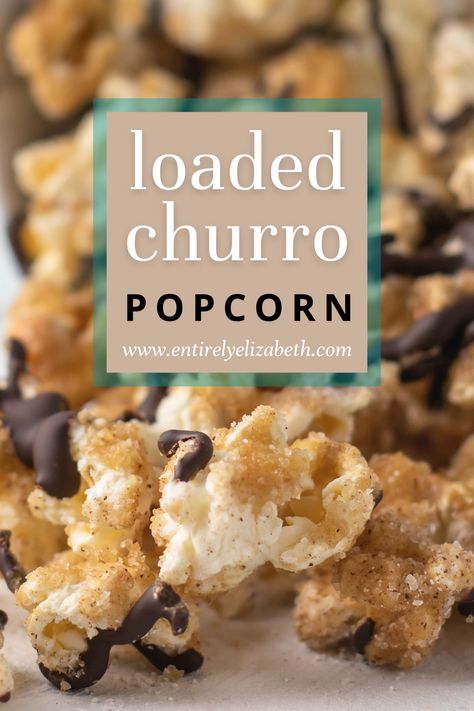 Churro Popcorn Recipe, Popcorn Flavor Ideas, Fun Popcorn Ideas, Cinnamon Popcorn Recipes, Popcorn Mix Ins, Fun Popcorn Recipes, Popcorn With Chocolate Drizzle, Churro Pretzels, Churro Popcorn