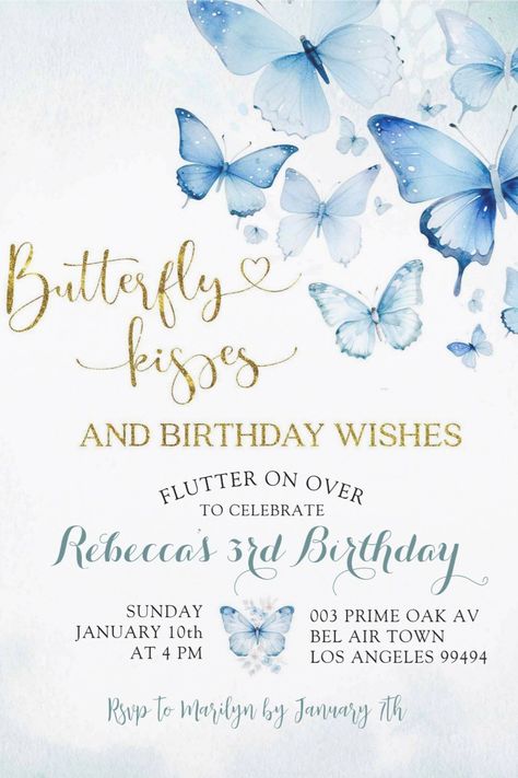 Butterfly Kisses Birthday Party Invitations Blue Butterfly Birthday Party, Kiss Birthday Party, Whimsical Birthday Party, Baby Blue Butterfly, Whimsical Birthday, Birthday Kiss, Butterfly Birthday Party, Butterfly Party, Elegant Birthday