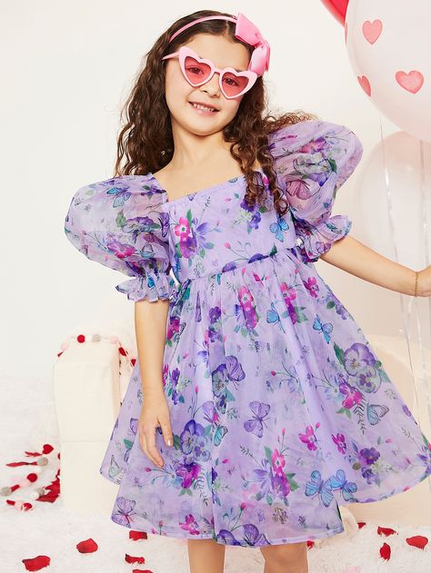 Multicolor Boho Collar Half Sleeve Organza Floral,Butterfly Smock Embellished Non-Stretch  Girls Clothing Organza Frocks For Kids, Printed Long Frocks, Organza Cloth, Organza Frocks, Frocks For Kids, Simple Butterfly, Kids Designer Dresses, Chiffon Fashion, Kids Frocks