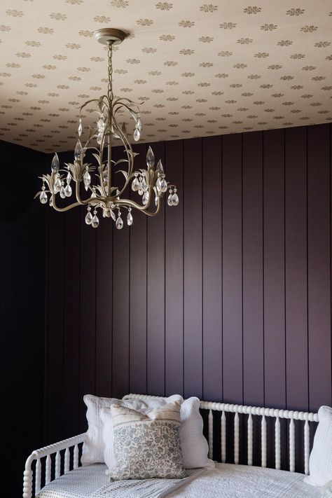 Bedroom with deep purple, vertical shiplap walls with a white daybed. Purple Mauve Paint, Expressive Plum, Mauve Paint, Mauve Paint Colors, Plum Paint Colors, Plum Bedroom, Plum Paint, Best Blue Paint Colors, Wallpaper Design For Bedroom