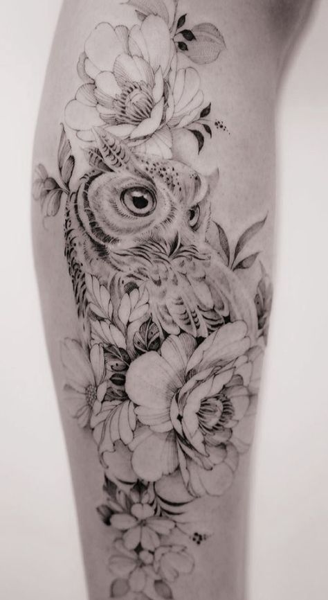 Owl With Flowers Tattoo, Feminine Owl Tattoo, Owl Thigh Tattoos, Fine Line Tattoo Designs, Line Tattoo Designs, Owl With Flowers, Owl Tattoo Sleeve, Owl Tattoo Drawings, Animal Tattoos For Women