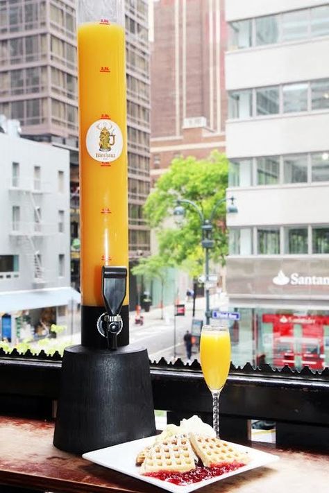 Mimosa Tower from Bierhaus NYC Mimosa Tower Ideas, Mimosa Restaurant, Mimosa Tower, Pajama Brunch, Epic Sleepover, Dirty Drinks, Daiquiri Bar, Margarita Bar, Mimosa Recipe