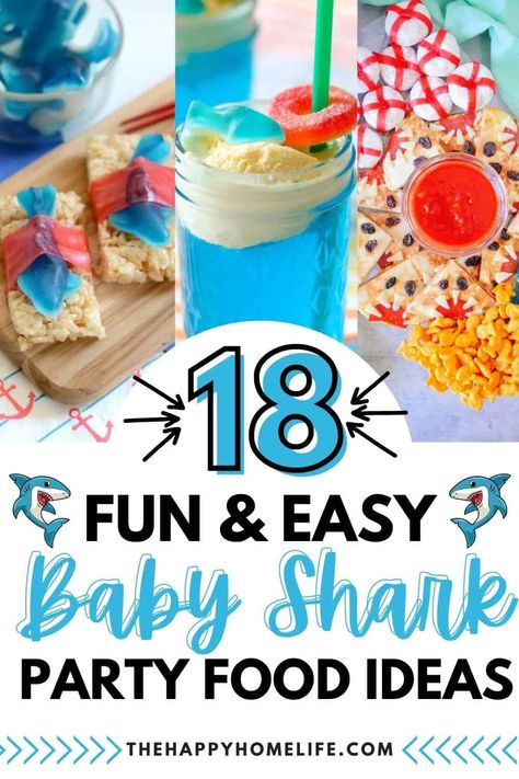 It's a party! Celebrate your little one in style with these awesome baby shark party food ideas. From cupcakes and popsicles to fishing pole treats, here are 18 perfect ways you can make the most of your child’s birthday bash. Now go get those teeth ready for some serious chomping on all that yummy goodness! Shark Birthday Party Snacks, Fish Party Food Ideas, Baby Shark Birthday Party Girl Food, Baby Shark Food Ideas, Fish Party Food, Baby Shark Party Food, Shark Party Food Ideas, Shark Birthday Party Food, Ocean Themed Party Food