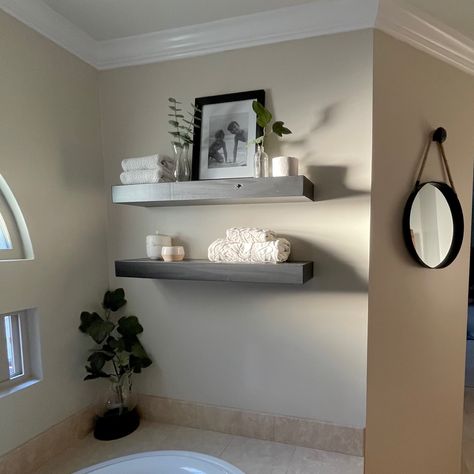 Bathroom Shelves Above Tub, Shelves Above Tub, Bathroom Shelves Over Tub, Diy Floating Shelves, Tub To Shower Conversion, Shower Conversion, Simple Bathroom Decor, Bathroom Shelving, Mediterranean House