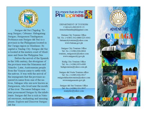 MJ Surigao del sur brochure Surigao Del Sur Tourist Spots, Mindanao Tourist Spot Brochure, Travel Brochure School Project, Winners Poster Design, Surigao Del Sur, Surigao City, Travel Brochure Design, Zamboanga City, Regions Of The Philippines