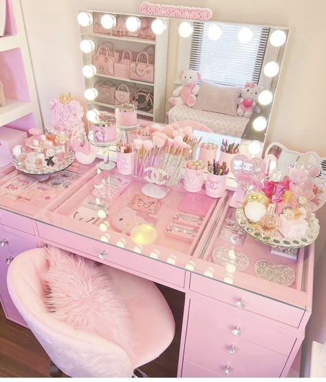 Pink Makeup Room, Vanity Ideas Bedroom, Bedroom Design Luxury, Girly Room Decor, Pink Vanity, Barbie Room, Luxury Room Bedroom, Hello Kitty Rooms, Pink Bedroom Decor