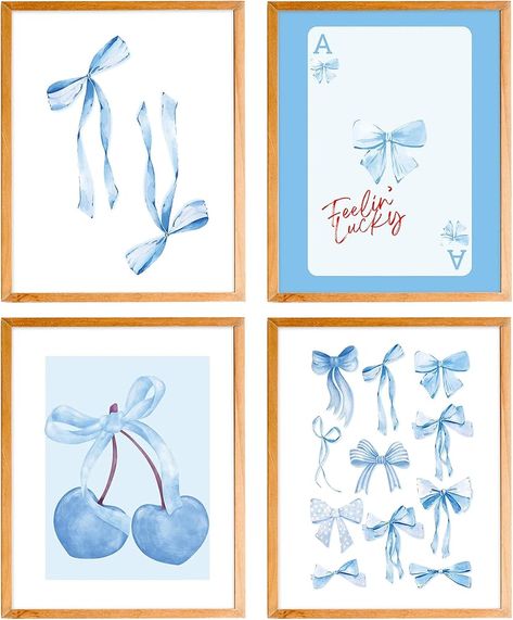 BearCake Coquette Wall Decor, Blue Preppy Coquette Bow Cherry Posters Wall Art Prints for Girls Bedroom Dorm Decor, Coquette Room Decor, Preppy Room Decor Aesthetic, 8x10 Inches Set of 4 Unframed - wall art Stylish Wall Decor, Preppy Room Decor, Preppy Room, Blue Painting, Unframed Wall Art, Blue Rooms, Pharmacy Gifts, Poster Making, Dorm Decorations