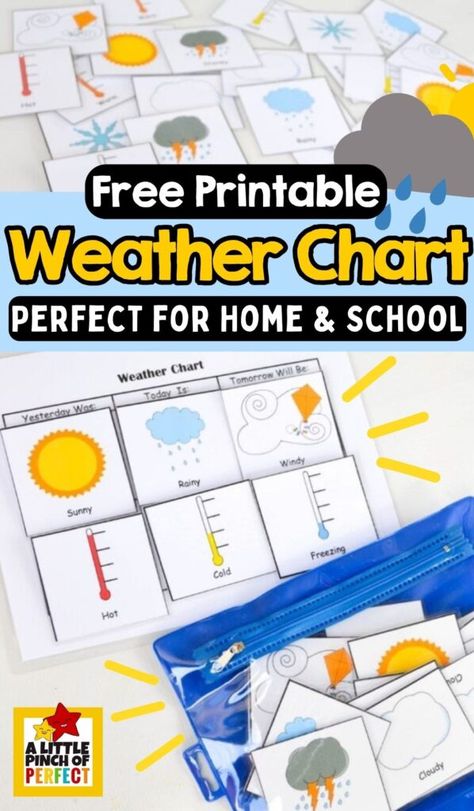 Free Printable Weather Chart for Home or School - A Little Pinch of Perfect Montessori Weather Chart, Weather Patterns Kindergarten, Weather Chart For Kids, Social Studies Printables, Cloud Activities, Science Printables, Weather Worksheets, Weather Chart, Dramatic Play Preschool