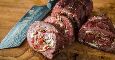 Grilled Stuffed Flank Steak Recipe | Traeger Wood Fired Grills Stuffed Beef Tenderloin, Stuffed Flank Steak, Stuffed Beef, Flank Steak Recipe, Curry Beef, Beef Meals, Flank Steak Recipes, Beef Roll, Grilled Flank Steak