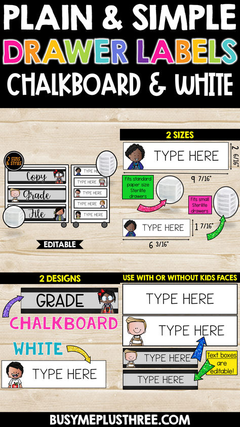 Who doesn't love being organized? This is a great set of CHALKBOARD and WHITE Sterilite drawer labels that are EDITABLE! These come in two sizes and two designs. They are available with Melonheadz kids or without. These fit the regular paper size Sterilite 3 drawer containers (13 1/2" X 11") and the small 3 drawer or 5 drawer containers (8.5" X 7 1/4"). There are 170 different large labels to choose from and 226 different small labels to choose from! Sterilite Drawer Labels, Chalkboard Classroom, Being Organized, Drawer Labels, White Drawers, School Decor, School Decorations, 3 Drawer, Classroom Decor