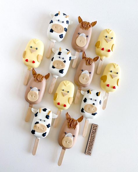 Alan’s Farm themed cakesicles 🐴 🐮 🐥 #farm#farmtreats#farmcakesicles#cakesicles#lasvegastreatmaker#cakesiclesofig#cakepop#lasvegas | Instagram Farm Cakesicles Ideas, Farm Birthday Desserts, Farm Baby Shower Theme, Cakesicles Ideas, Animal Cake Pops, Farm Animal Cakes, Carnival Cakes, Kids Foods, 1st Rodeo