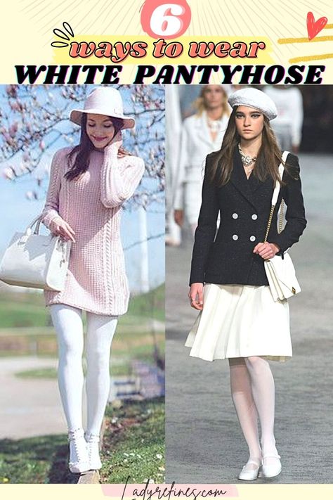 White Pantyhose Outfit Classy, White Tights And Skirt Outfit, Outfits With White Tights Winter, White Tights With Dress, White Stockings Outfit Aesthetic, White Tights Outfit Winter, White Pantyhose Outfit, Hosiery Outfits, Gray Tights Outfit