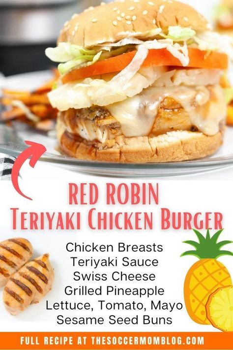 Red Robin Burgers Recipes, Chicken Teriyaki Sandwich, Teriyaki Sandwich, Copycat Red Robin, Teriyaki Burger, Teriyaki Pineapple Chicken, Lush Desserts, Chicken Burger Recipe, Burger Ideas