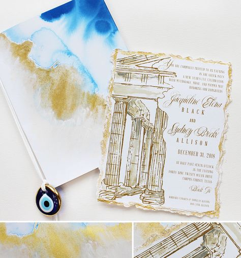 A beautiful watercolor Greek themed Debutante Ball invitation... so excited to design for these sisters' special New Year's Eve Celebration!!!  We had the honor of creating stationery for their older sister a few years ago.    #momentaldesigns  #kristyrice  #greekinvite  #debutanteball  #watercolorinvite  #customdesigned  #artisticinvite  #newyearseve Greek Theme Invitations, Greek Invitation Design, Greek Inspired Invitation, Greek Mythology Invitation, Greek Invitations Ideas, Greek Wedding Invites, Parthenon Watercolor, Greek Party Invitations, Greek Wedding Invitations