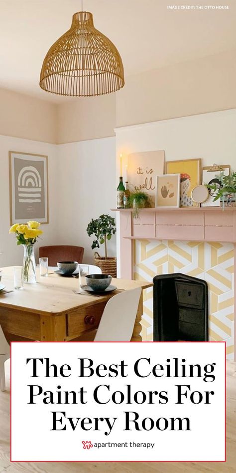 Gold Painted Ceiling Ideas, Bedroom With Coloured Ceiling, Pink Ceiling Dining Room, Painted Ceiling Ideas Dining Room, Boho Painted Ceiling, Neutral Painted Ceiling, Coloured Ceiling Kitchen, Painting Ceiling And Top Of Wall, Walls And Ceilings Same Color