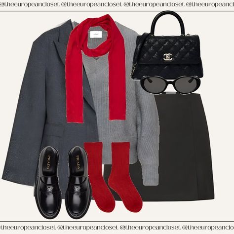 outfit idea, outfits for women, red outfit, chanel, prada, red scarf outfit, black skirt outfit, skirt outfit, outfits with loafers Women Red Outfit, Outfits With Loafers, Red Scarf Outfit, European Closet, Black Skirt Outfit, Black Skirt Outfits, Prada Red, Scarf Outfit, Trendy Sweaters