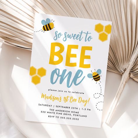 Sweet To Bee One 1St Bee Day Birthday Invitation #zazzle #weddinginvitations #birthdayinvitations #babyshowerinvitations #zazzleinvitations #monogram #businesscards #graduation #homedecor Sweet To Bee One, 1st Bee Day, Bee Invitations, Bee Day, Birthday Party Design, Birthday Invites, Bee Birthday, Party Details, Birthday Invitation Template