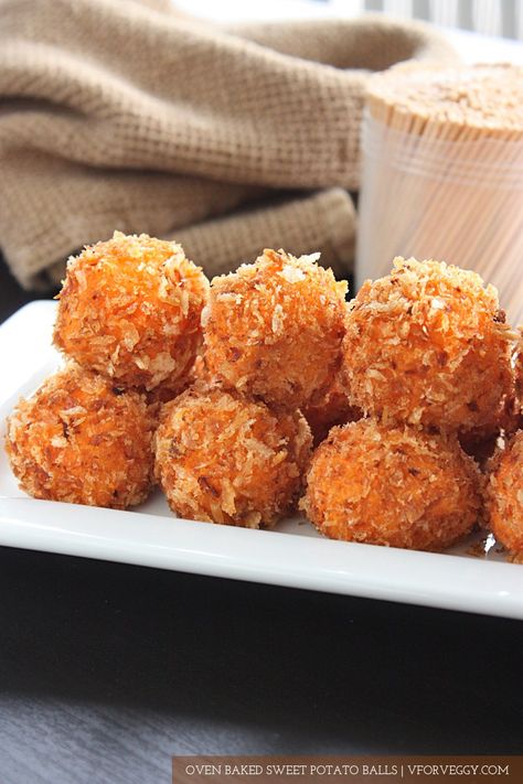 Sweet Potato Balls Recipe, Sweet Potato Appetizers, Oven Baked Sweet Potato, Sweet Potato Balls, Potato Balls Recipe, Sweet Potato Tots, Fried Mac And Cheese, Fried Goat Cheese, Sweet Potato Recipes Baked