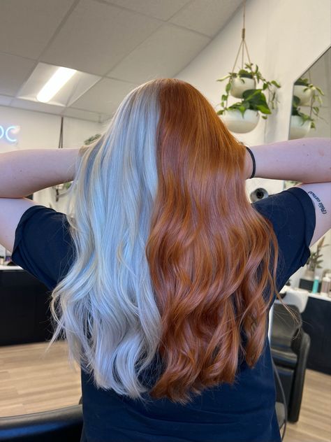 by @ julaynebeauty #splithair #halfandhalfhair #copperhaircolor #silverhair #hair #haircolor Grey And Copper Hair, Copper And Silver Hair, Silver Split Dye, Half And Half Hair, Split Dye, Split Dyed Hair, Work Hair, Colored Hair Tips, Dyed Blonde Hair