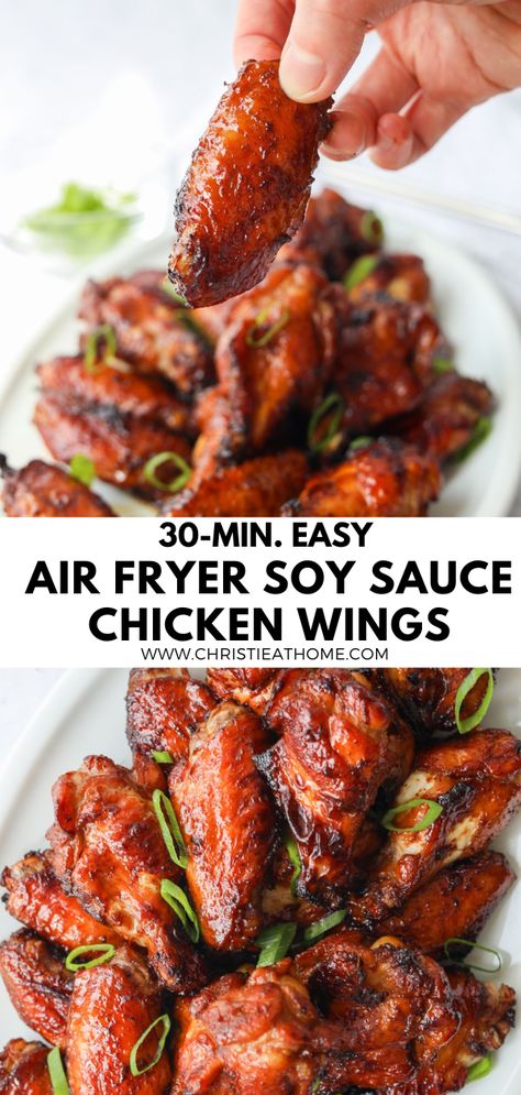 30-min. Air Fryer Soy Sauce Chicken Wings. Tender juicy wings marinated in a honey soy garlic sauce made easily in the air fryer. #asian sticky wings #asian chicken wings recipes #wing marinade recipes #chinese chicken wings Air Fryer Soy Sauce Chicken, Air Fryer Korean Chicken Wings, Wing Marinade Recipes, Wing Marinade, Soy Garlic Sauce, Soy Sauce Chicken Wings, Vegetarian Stir Fry Sauce, Honey Soy Chicken Wings, Chicken Wings Recipes