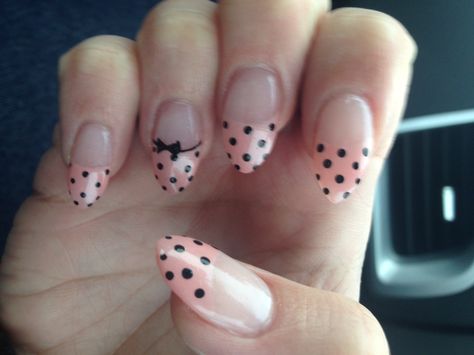 Polka Dots Nails Design, How To Do Polka Dot Nails, Natural Nail Art Ideas, Sharp Nails Black, 2014 Nails Tumblr, Nail Inspo Dots, Pokadot Nails Acrylic, Polka Dot French Tip Nails, Twee Nails