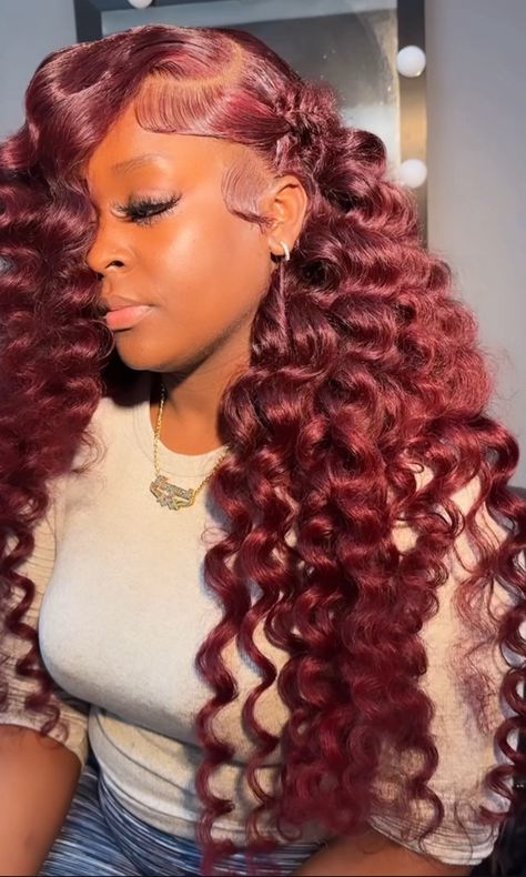 Burgundy Wand Curls Wig, Red Wig Hairstyles, Blonde Weave Hairstyles, Vacay Hairstyles, Hair Thread, Red Curly Wig, Blonde Weave, Loose Curls Hairstyles, Hair Threading