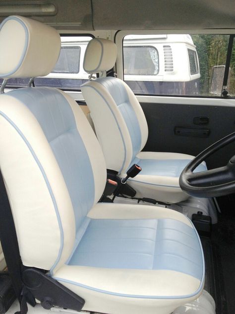 Blue and cream van seats Caravan Styling, Van Seats, Blue Seat Covers, Car Seat Upholstery, Vw Bus Interior, Kia Pride, Bus Interior, Kombi Home, Kei Car