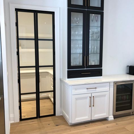 Pantry Door Small Space, Pantry Doors That Slide In, Slide Pantry Door, Walkin Pantry Door Ideas, Mini French Doors For Pantry, Glass Panel Pantry Door, Creative Pantry Door, Black Frame Pantry Door, Small Pantry Door Ideas Modern