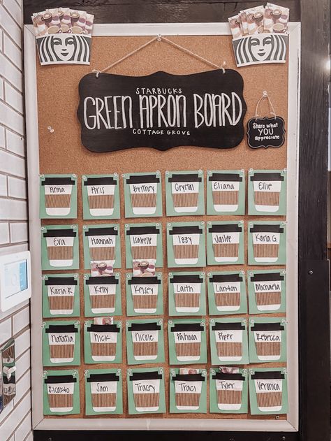 Starbucks Store Manager Ideas, Starbucks Manager Ideas, Green Apron Board, Starbucks Partner Board Ideas, Starbucks Green Apron Board Ideas, Green Apron Board Starbucks, Starbucks Board Ideas, Employee Recognition Board, Starbucks Crafts