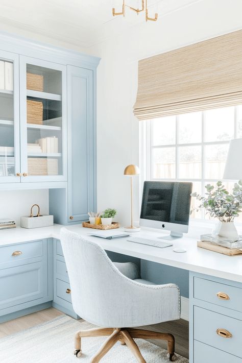 light blue filing cabinets under desk in a coastal home office Coastal Home Office, Open Concept Office, Coastal Office, Light Oak Floors, White Linen Curtains, Wooden Beams Ceiling, Blue Accent Pillow, Green Accent Walls, Light Blue Walls