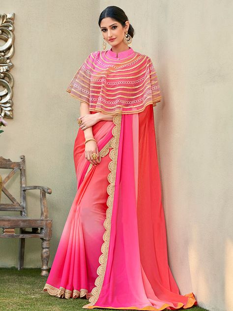 Brand New Trend Saree With Cape Saree Cape, Saree With Cape, Cape Style Blouse, Shaded Saree, Lehenga Sari, डिजाइनर कपड़े, Sari Lehenga, Cape Blouse, Designer Sarees Wedding